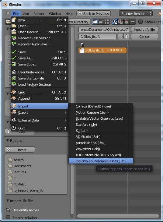 Kuva 18. IFC-tiedoston tuominen Blender-3D-mallinnusohjelmaan. Kun kuva on tuotu 3ds Max Designiin tai Blenderiin, täytyy ne seuraavaksi saada Unityyn.