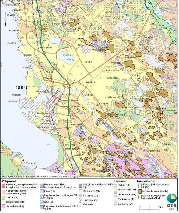 GEOLOGIAN TUTKIMUSKESKUS Oulun taustapitoisuudet 8 Kuva 4. Oulun taajamageokemiallisen kartoitusalueen maaperäkartta.