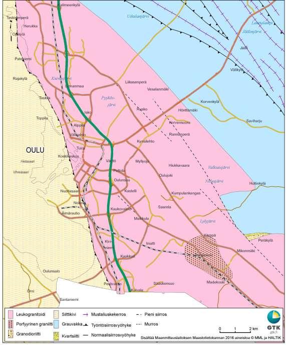GEOLOGIAN TUTKIMUSKESKUS Oulun taustapitoisuudet 4 Kuva 2. Oulun taajamageokemiallisen kartoitusalueen kallioperäkartta.