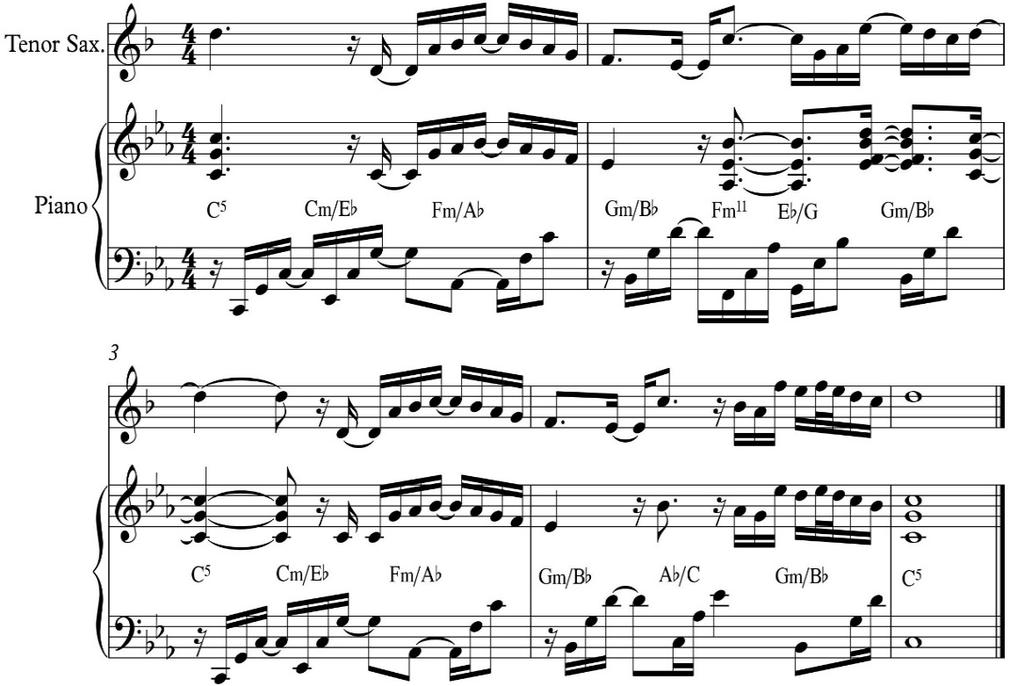 Olen kuitenkin halunnut sekoittaa tätä kolmisointuideaa tähän tuttuun jazz-harmoniaan: Kuva 15. Nuottiesimerkki kappaleesta Poema.