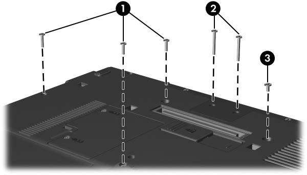 7. Irrota tietokoneen pohjassa olevat kuusi kiinnitysruuvia: kolme T8M 2,0 x 9,0 -ruuvia 1, kaksi T8M 2,0 x 18,0 -ruuvia 2 ja yksi T8M 2,0 x 5,0 -ruuvi 3.