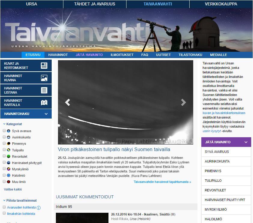 Kuva 2. Uudistettu Taivaanvahti 2016 Ajankohtaisen tiedon päivitys etusivulle Taivaanvahdin etusivun uutisten esitystä muutettiin monin tavoin. Uutissisällölle luotiin oma sivunsa.