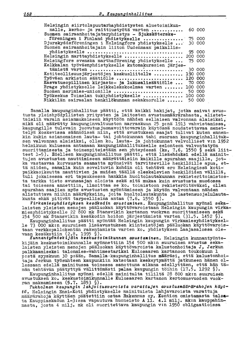 152 2 t Kaupunginhallitus Helsingin siirtolapuutarhayhdistysten aluetoimikunnalle, kerho- ja raittiustyötä varten. *.