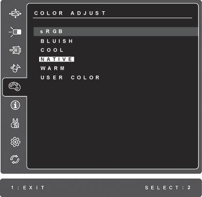 Säädin Kuvaus Color Adjust (värinsäätö) tarjoaa useita värivaihtoehtoja: esiasetetut värilämmöt ja User Color (Käyttäjän värimääritykset), joiden avulla punaista (R), vihreää (G) ja sinistä (B)