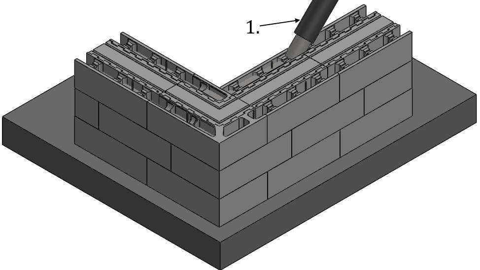 Betonointi tehda a n kerroksittain (0,5 m) ja suositeltava kertavalukorkeus on eninta a n 1,5 m (8 harkkokerrosta, tyo sauma harkon puoliva liin). Betonointi tehda a n pumppuvaluna.