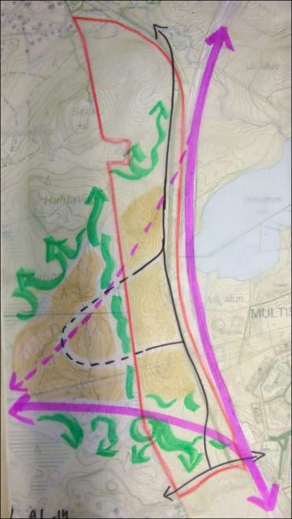 tunnelissa (katkoviiva), eteläisempi leikkauksessa alueen halki, katuyhteyttä varten silta radan yli teollisuusalue pohjoisen kallioiden ja etelän ratakuilun väliselle alueelle; tarkastelualueen