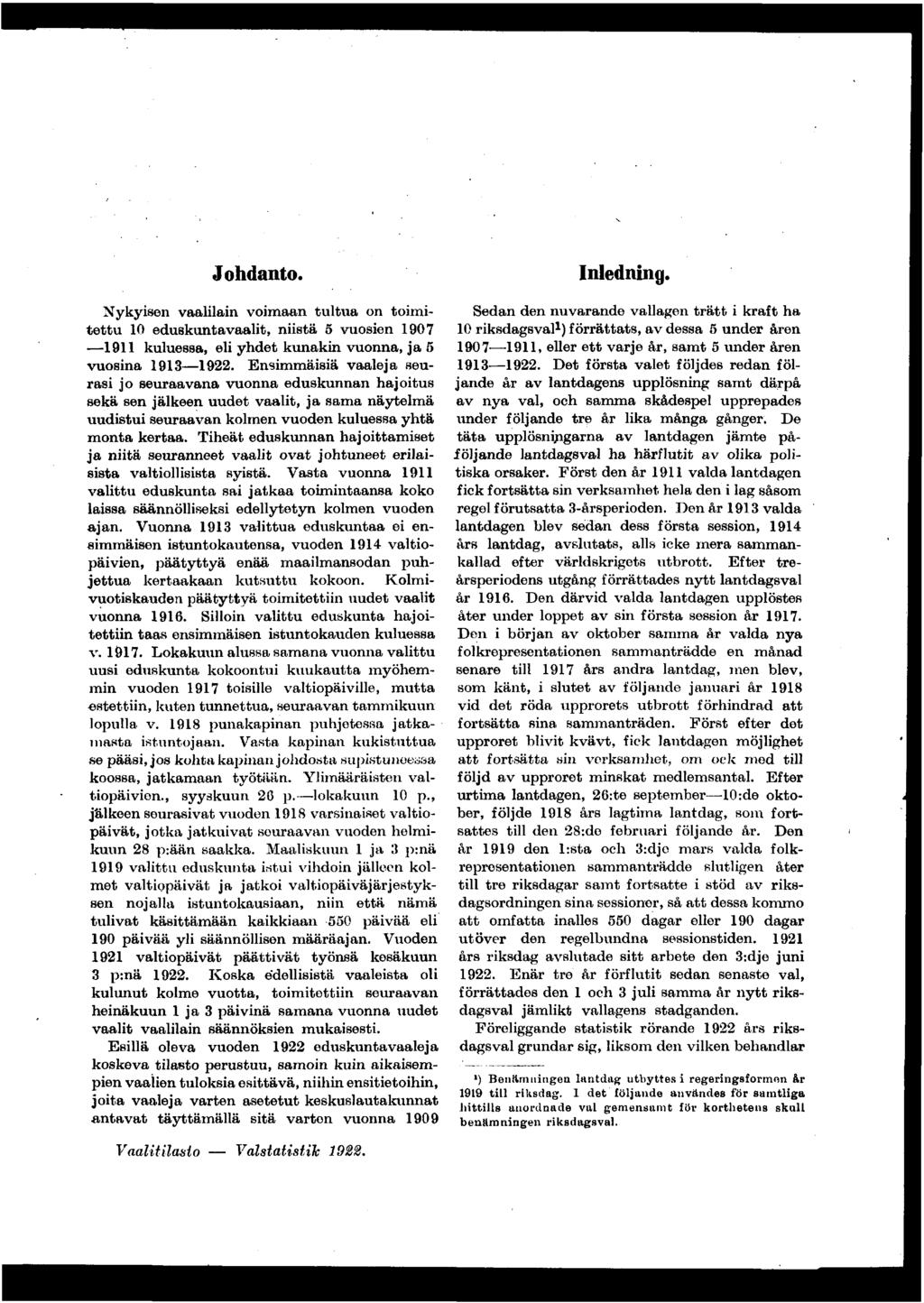 Johdanto. Inlednng. Nykysen vaallan vomaan tultua on tomtettu 0 eduskuntavaalt, nstä vuosen 0 kuluessa, el yhdet kunakn vuonna, ja vuosna.