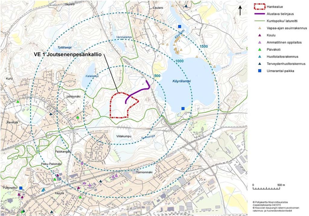 Kouvolan kaupunki, puhtaiden ylijäämämaiden läjitysalueen YVA-ohjelma 39 Kuva 20. Joutsenenpesänkallion hankealueen sijainti suhteessa ns.