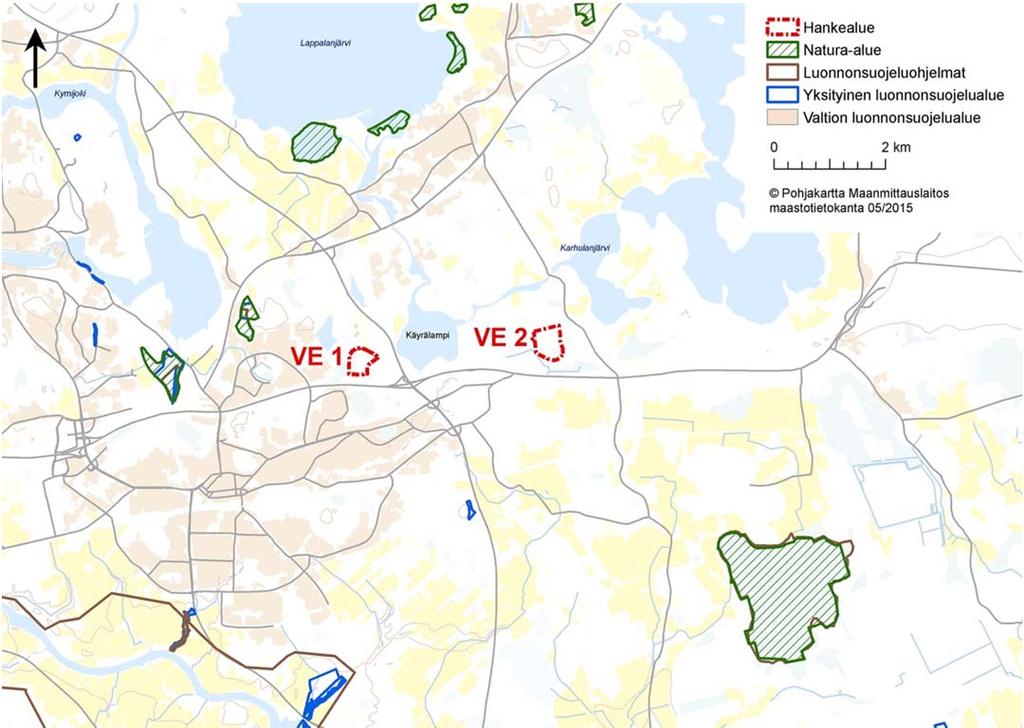 Kouvolan kaupunki, puhtaiden ylijäämämaiden läjitysalueen YVA-ohjelma 51 Kuva 29. Hankealueiden läheisyydessä sijaitsevat suojelualueet.