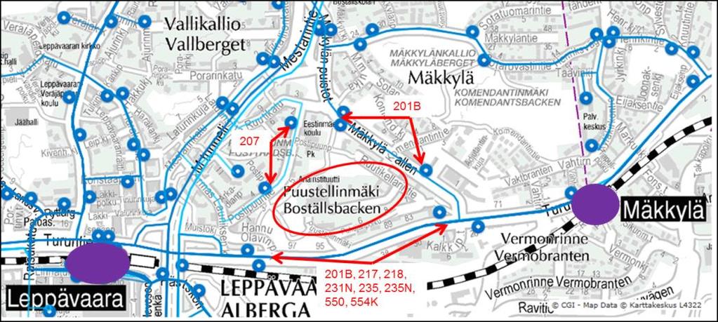 Mäkkylän puistotiellä liikennöi 201B Leppävaaran ja Pitäjänmäen välillä ja Postipuuntiellä lähibussi 207 Leppävaaran ja Lintukorven välillä.