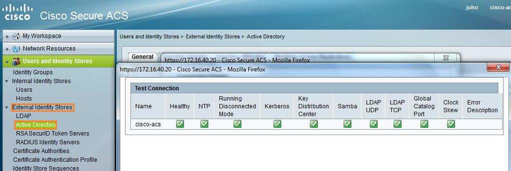 143 ACS ja AD-palvelimien yhteystesti AD-palvelimelle määritetään External Identity Stores kohdasta Active Directory.