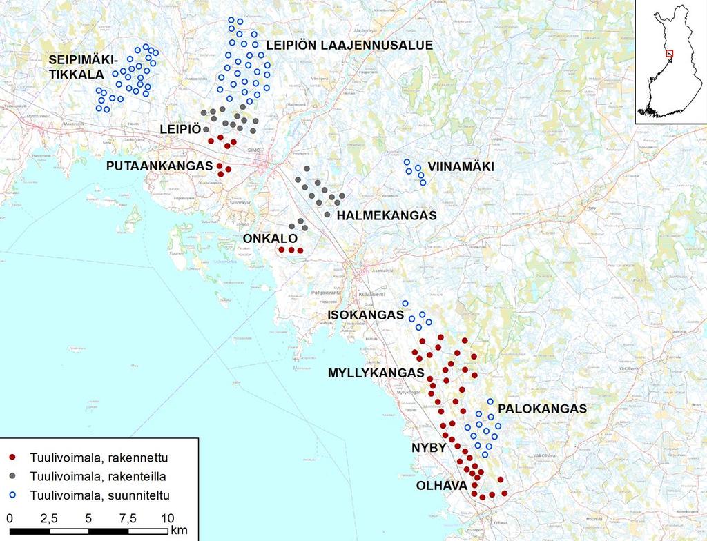 Simo Ii tuulivoimapuistot 4 (58) 2 TUULIVOIMAPUISTOJEN SIJAINTI 2.1 Sijainti ja alueen kuvaus Olhavan tuulivoimapuisto sijoittuu noin 18 km Iin kunnan keskustaajaman pohjoispuolelle (kuva 1).