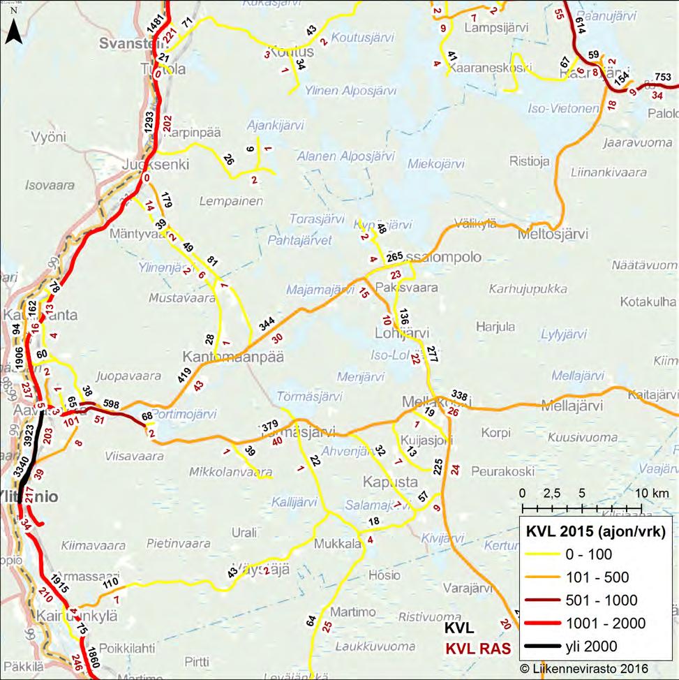 Kuva 6. Liikennemäärät 2015, Ylitornio Nopeusrajoitus Ylitornion taajama-alueella on pääsääntöisesti 40 km/h.