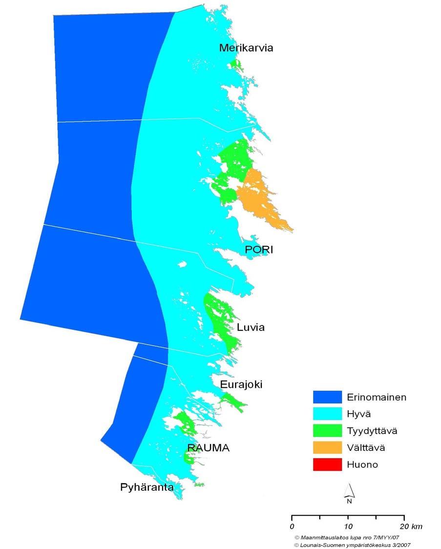 2.4. Merialueen tila ja kehitys Selkämeren vedenlaatu avomerialueen ja uloimpien rannikkovesien osalta on käyttökelpoisuudeltaan erinomaista (kuva 2).