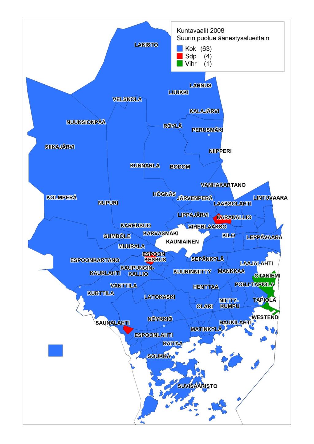 Suurin puolue äänestysalueittain Espoossa v.