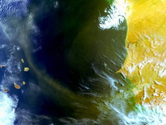 Envisat -kuva hiekkamyrskystä - Atlantin yllä Yläilmakerroksiin noustuaan, hiekka voi vaikka kiertää maapallon 92 Pienhiukkasten Käyttäytyminen Hiukkasia ja niiden kulkeutumista mietittäessä tulee