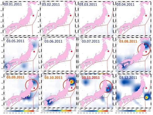 Kuumat 'pisteet' Japanin ilmakehässä järistysviikolla Ylläoleva kuva esittää ilmakehän lämpenemistä pistemäisesti järistyksen aikoihin Jos tämä lämmittävä energia nouseeee maasta, sen tulee kulkea