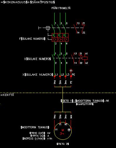 33 KUVA 16. Suoran moottorikäytön piirikaavio-pohjakuva Valmiit piirikaaviopohjakuvat tulee tallentaa CADS Plannerin kirjastoon, pohjakuvat - kansioon.