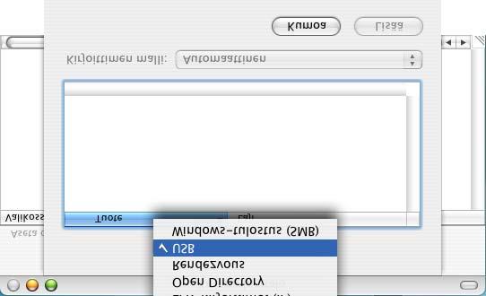 9 Valitse USB ja osoita sen jälkeen OK. Jos olet Mac OS X 10.2.x:n käyttäjä, avaa Print Center -kuvake.