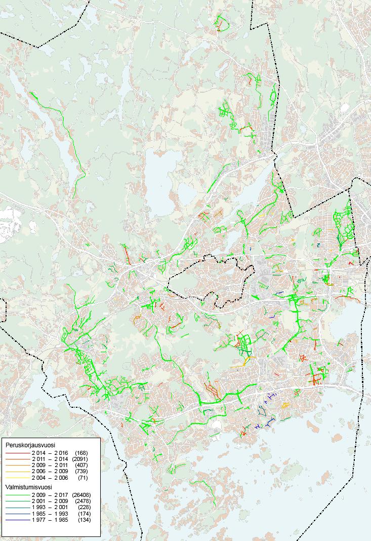 Lähtötietojen hankinta Rakentamisvuosi ja perusparantamisvuosi Espossa vain osasta katuja Valmistumisvuoden tieto 443 km (~21 %) Perusparannusvuoden tieto 46 km (~2%) Espoossa yleisten aluiden