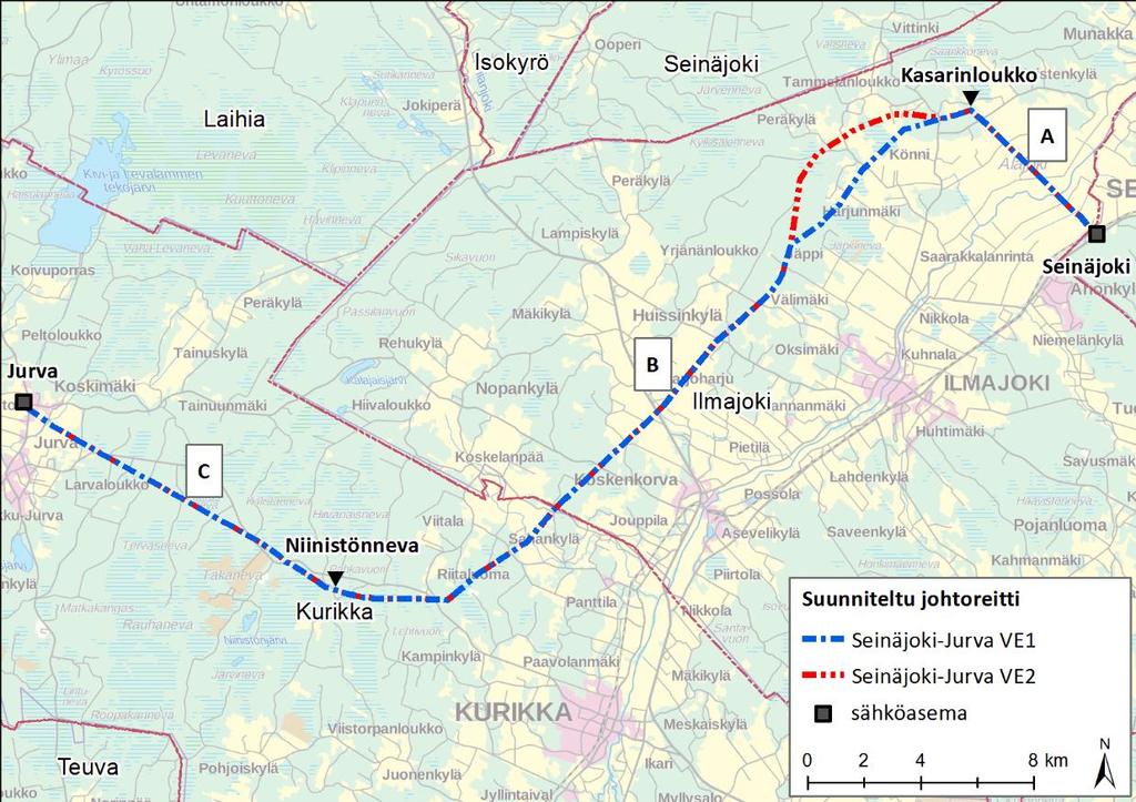 10 (80) 4 SEINÄJOKI-JURVA 110 KV VOIMAJOHTOHANKE 4.1 Hankkeen kuvaus Seinäjoen ja Jurvan välillä 110 kv voimajohto on tarkoitus toteuttaa ilmajohtona, osa yhdellä ja osa kahdella virtapiirillä.