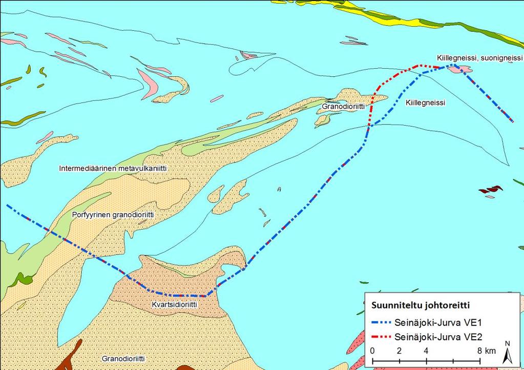 55 (80) Kuva 7-22. Kallioperä suunnitelluilla johtoreiteillä (GTK 2017).