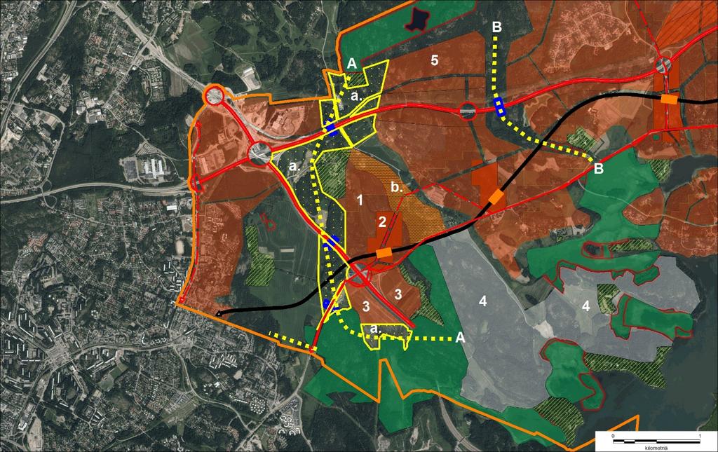 Kuva 9. Sipoonkorpi Mustavuori Vuosaari- (A) ja Östersundominpurolaakso (B) -ekologisten yhteyksien sijainnit yleiskaavaehdotusalueella (ilmakuva 2015; KSV ja HSY). A.
