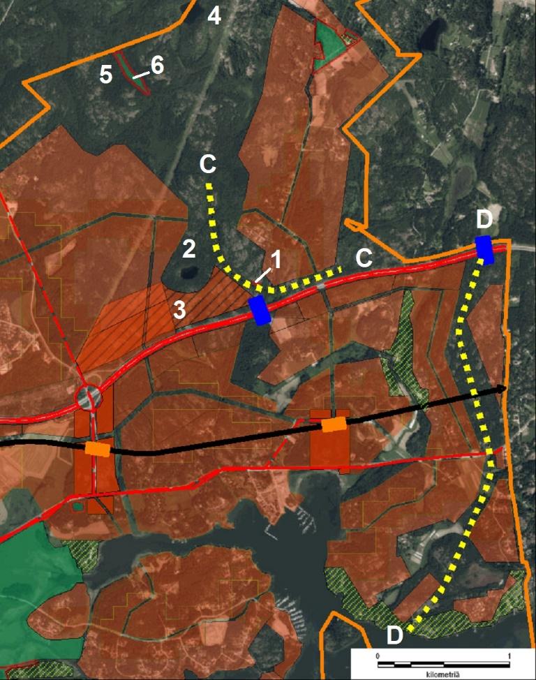 Kuva 10. Fällbackenin laakso-sipoon metsäalueet (C) - ja Majvikin viheralueet (D) -ekologisten yhteyksien sijainnit (ilmakuva 2015; KSV ja HSY). C.