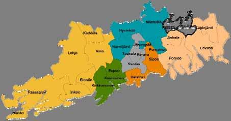 sote-alue kuntayhtymänä, Keski-Uudenmaan sote-alue kuntayhtymänä ja Itä-Uudenmaan sote-alue, jossa Porvoo toimii vastuukuntana. Pohjakartta Karttakeskus Oy, Helsinki Kuva 2.