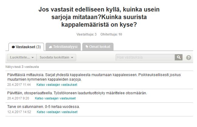 22 Viidennessä kysymyksessä kysyttiin tarkennusta sarjojen kappalemääristä, sekä sitä, kuinka usein sarjoja mitataan.