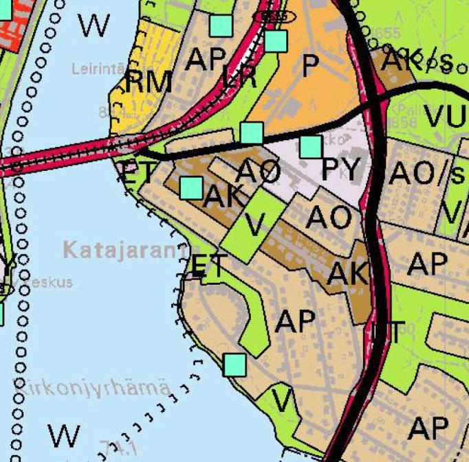 SUUNNITTELUALUE JA VAIKUTUSALUE Suunnittelualue sijaitsee Katajarannalla. Vaikutusalue käsittää lähiympäristön kortteli-, katu-, virkistys- sekä vesialueita.
