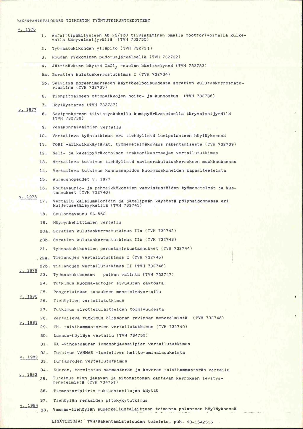 RAKENTAMISTALOUDEN TOIMISTON TYNTUTKIMUSTIEDOTTEET v. 1976 1. Asfaittipllysteen Ab 25/120 tiivislminen omalla moottorivoimalla kulkevafla tryvalssijyr11 (TVH 732730) 2.