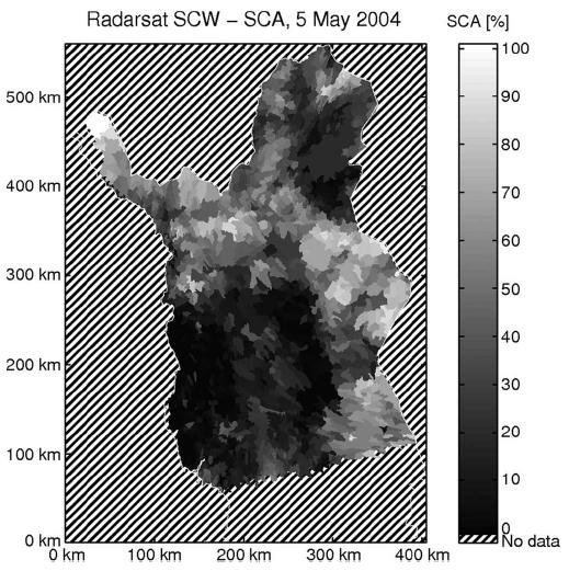 Kuva 3: Radarsatin SCA-estimointia [1] 5 YHTEENVETO Kuten virheanalyysissä todettiin, Radarsatin SCW-datan kuvat toimivat lumen sulamisen seurannassa oikeastaan paremmin kuin ERS-2 -data.