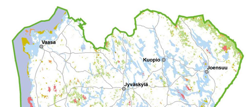 8 valtionmaat sijaitsevat hajanaisemmin kuin Pohjois-Suomessa (Kuva 2). Laajempia valtion maiden keskittymiä alueella on kuitenkin Pohjois-Karjalassa ja Suomenselällä.