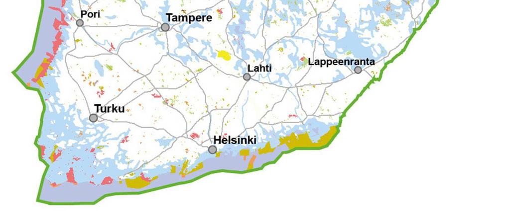 Suunnittelukohteena olevista vesialueista suurin osa on merien yleisiä vesialueita pitkin eteläistä ja läntistä rannikkoa.