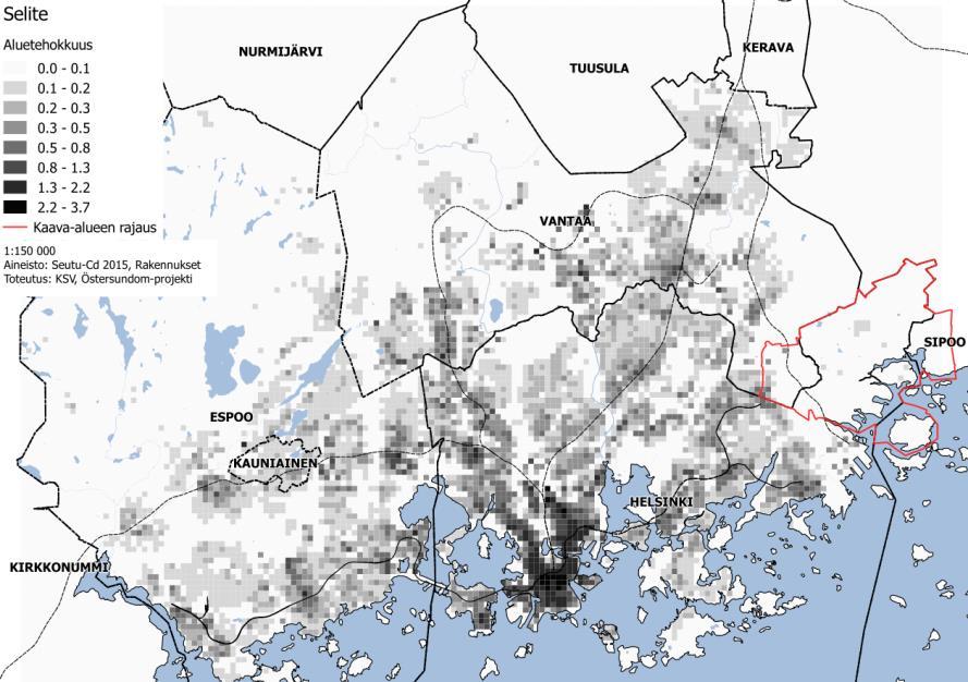 taloudellisten vaikutusten arviointi 6 Kuva 4. Aluetehokkuus pääkaupunkiseudulla nykyisin (ylempi) ja Östersundomin laskennallinen aluetehokkuus.