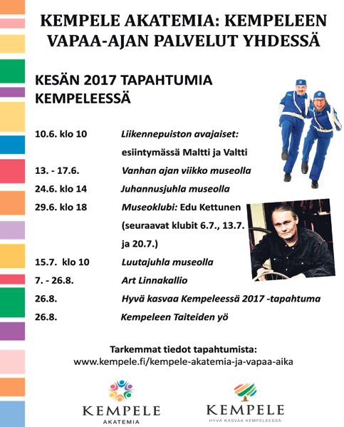 Materiaalimaksu 10 peritään kurssimaksun yhteydessä. Otathan mukaasi myös pientä välipalaa. ILMOITTAUTUMINEN LUKUVUODEN 2017 2018 OPINTOIHIN ALKAA to 31.8.2017 klo 9 nettisivullamme kempele.