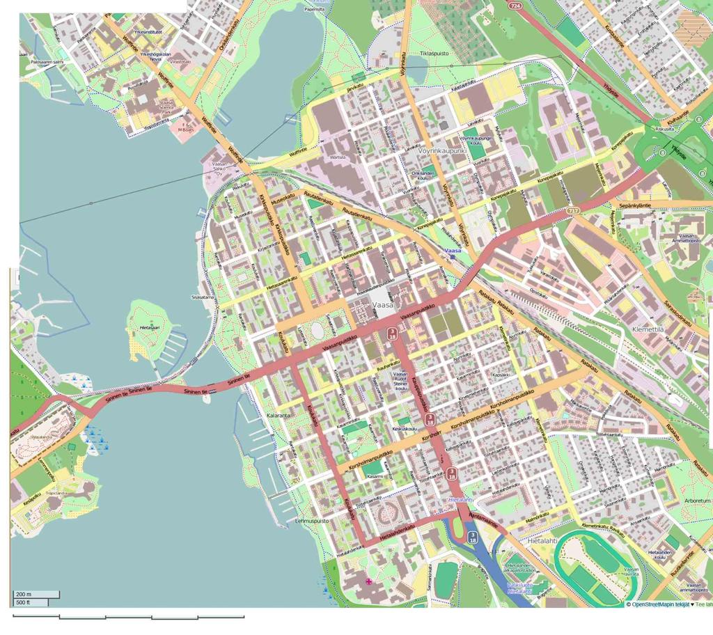 KAUPUNKIJÄRJESTELMÄT - URBAN FABRICS Kaupunki 1 km Vaasa 2013 KAUPUKIJÄRJESTELMIEN ALUEET Jalankulkukaupunki Ydinalue (0-1 km) Päivittäistavaramyymälät säde 300 m 1 km CBD kolmen kaupunkijärjestelmän