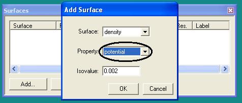 6. Valitse Surfaces ikkunasta "Add". Valitse Surface-valikosta "density" ja Property-valikosta "potential". Paina lopuksi "OK". 7. Valitse "Setup" "Calculations.