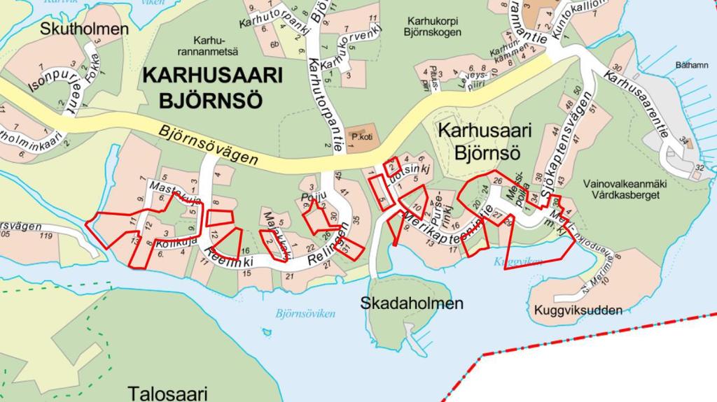 Kuva 1 Ote Karhusaaren kaavarungosta Karhusaaren eteläosan pientalotonttien kaavaluonnos (Saija): Kaava-alue on pirstaleinen, siihen kuuluu pientalotontteja sekä pari