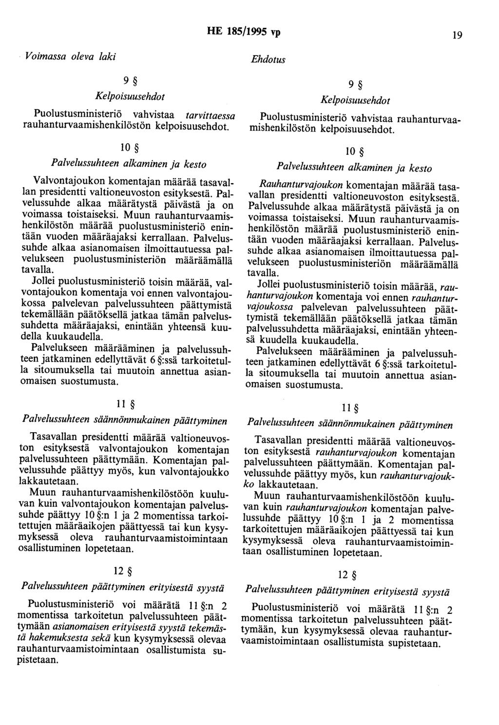 HE 185/1995 vp 19 Voimassa oleva laki 9 Kelpoisuusehdot Puolustusministeriö vahvistaa tarvittaessa rauhanturvaamishenkilöstön kelpoisuusehdot.