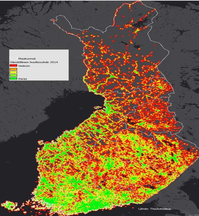 VÄESTÖLLINEN HUOLTOSUHDE 250 X 250 METRIN RUUDUISSA Väestöllinen huoltosuhde kuvaa lasten (alle 15-vuotiaat) ja eläkeläisten (yli 64-vuotiaat) osuutta suhteessa työikäiseen väestöön (15-64-vuotiaat).