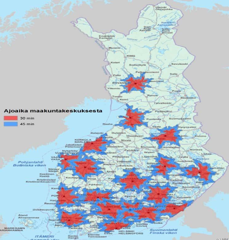 MAAKUNTIEN KESKUSKAUPUNKIEN VAIKUTUSALUEET Kartassa kuvataan maakuntien keskuskaupunkien (18) vaikutusalueen laajuutta 30 ja 45 minuutin ajoaikaetäisyydellä.