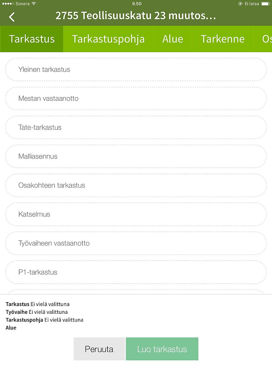 31 Kuva 11. Tarkastuksen valinta. Kuvankaappaus tablettietokoneelta. Ohjelma antaa valmiin listan tarkastettavista kohdista (Kuva 12).