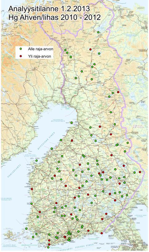 Hg Ahven /lihas 2010-2013 Ahvenen elohopeatulokset Suomessa Näitä tuloksia tullaan käyttämään kemiallisen tilan