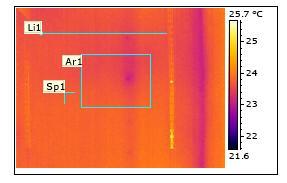 KUVA 6. Lämpökamerankuva P660-kameralla ja pintalämpötilakäyrä Li1 raken- teen sisäpinnasta 23.4.
