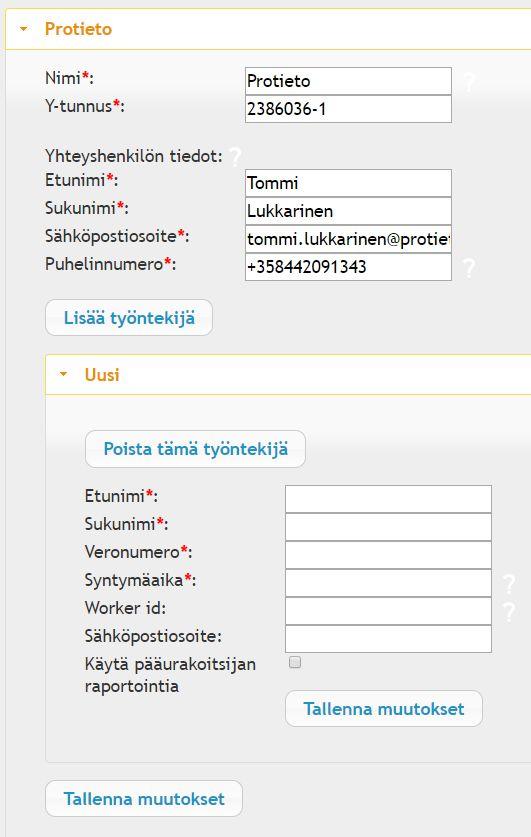 Vuokratyöntekijät 2. Valitse sivu Vuokratyöntekijät 3. Täytä tiedot yritykselle 4. Valitse Lisää 5. Valitse luomasi yritys 6. Valitse Uusi 7. Täytä työntekijän tiedot 8.