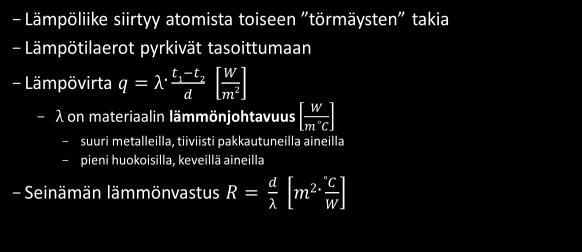 Lämmön johtuminen Lämpöliike siirtyy atomista toiseen törmäysten takia Lämpötilaerot pyrkivät tasoittumaan Lämpövirta q = λ t 1 t 2 d W m 2 λ on