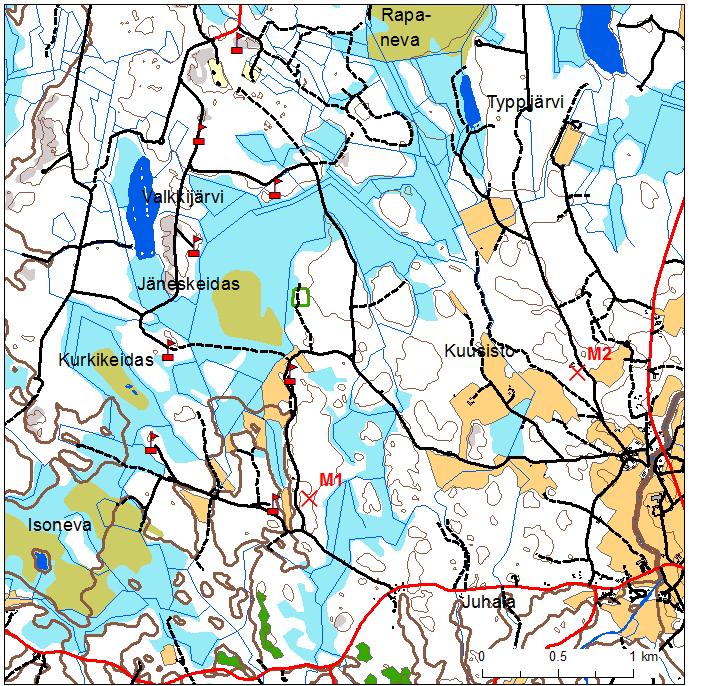 Kuva 4. Siikaisten mittauspisteiden M1 ja M2 sekä voimaloiden sijainnit. Kartta sisältää Maanmittauslaitoksen Maastotietokannan 05/2017 sekä Maastokartan 05/2017 aineistoa.