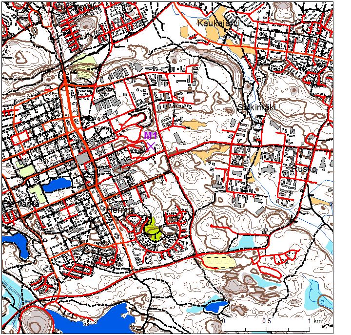 Kuva 10. Hervannan mittauspiste M1 (vihreä rasti) ja sen ympäristö. Kartta sisältää Maanmittauslaitoksen Maastotietokannan 05/2017 ja Maastokartan 05/2017 aineistoa. 3.